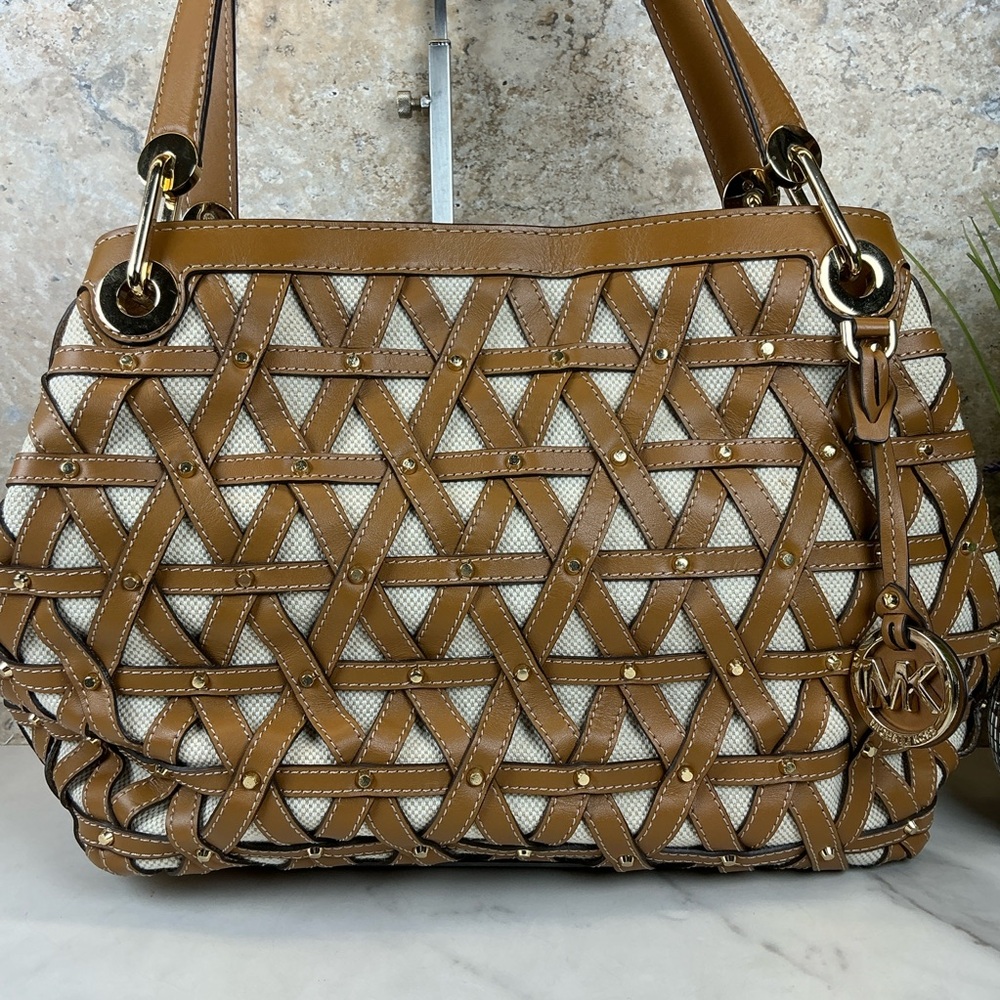 Michael‎ Kors Brooklyn Brown Gold Studded Woven Leather Canvas Shoulder Bag - Picture 4 of 16